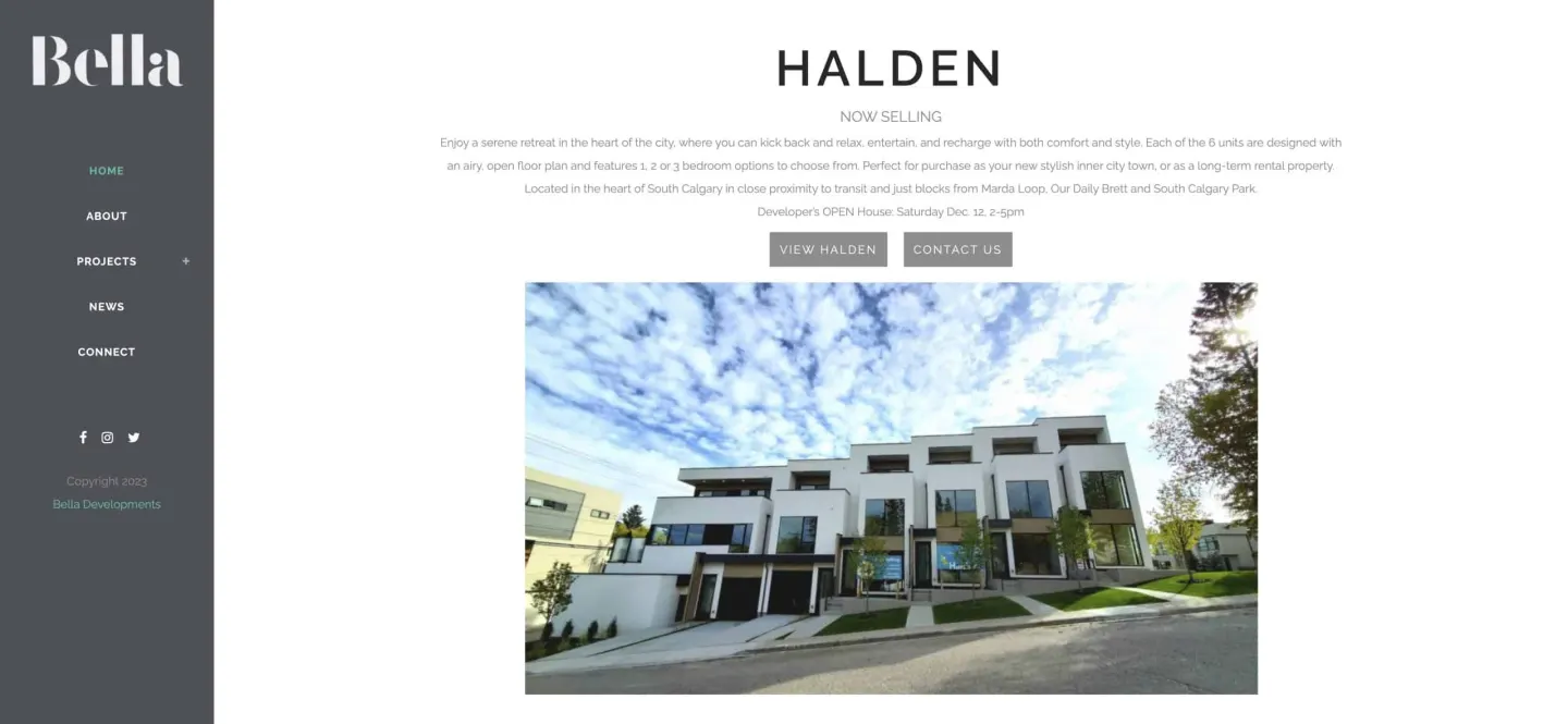 The Bella Developments site in 2023: a dark vertical menu on the left, and HALDEN, Now Selling, above a photo of the modern townhomes.
