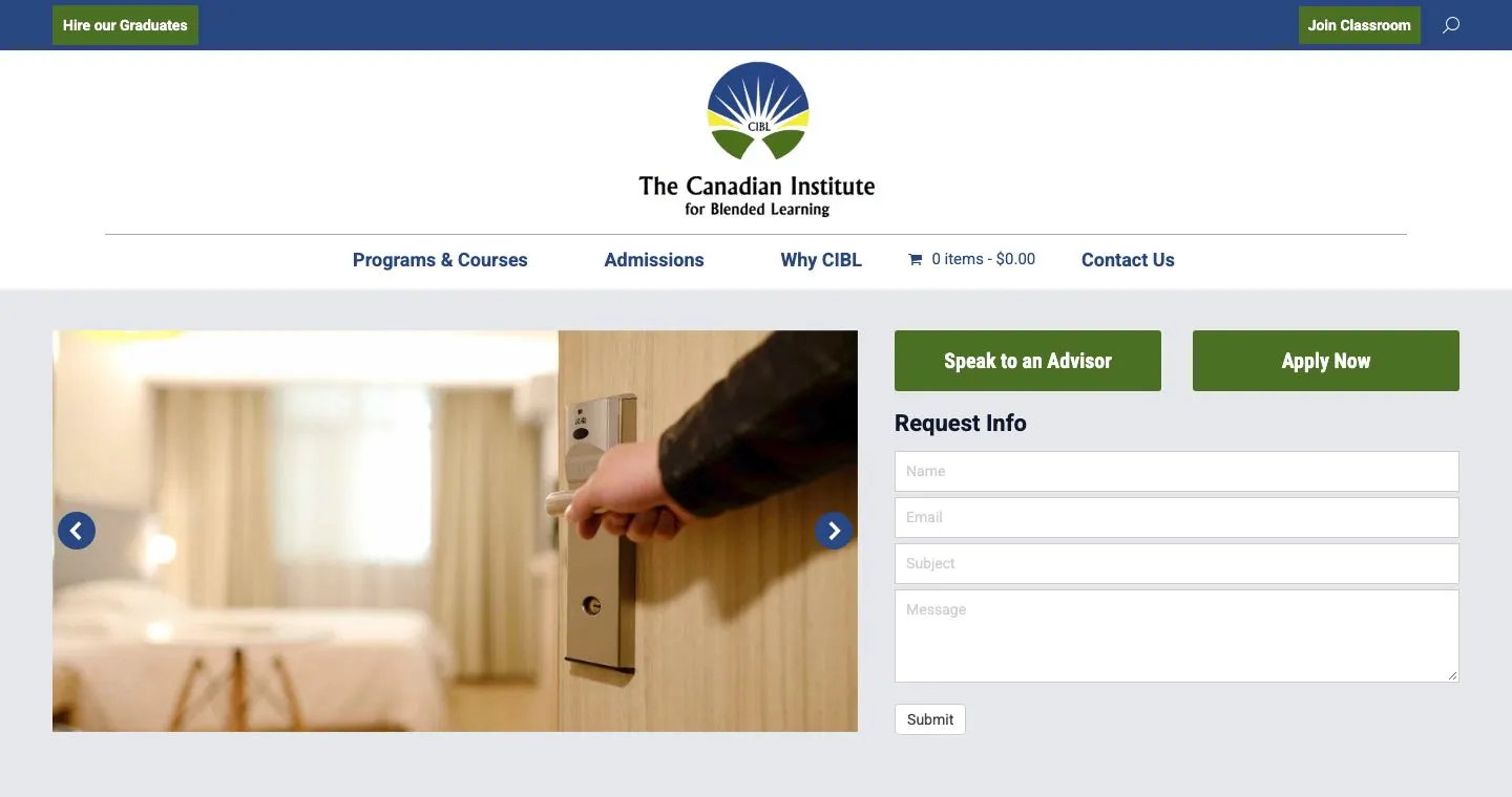 CIBL home page on a laptop: the CIBL logo, a menu with Programs and Courses, Admissions, Why CIBL, and Contact Us, and Speak to an Advisor and Apply Now buttons above a Request Info form.