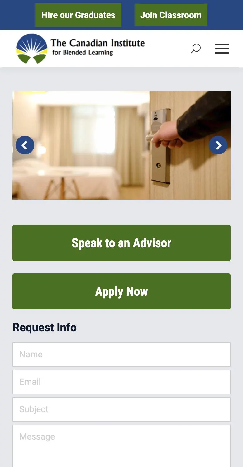 The same home page on a phone, with the advisor and apply buttons stacked.