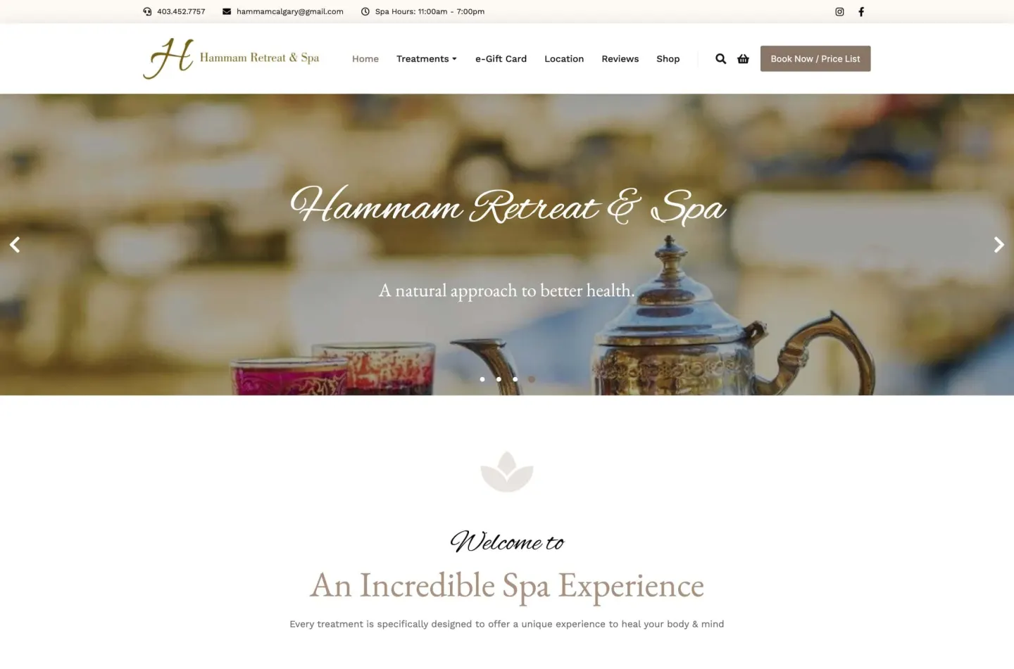 The Hammam Retreat and Spa site we built: a Moroccan tea set behind the spa's name, the line A natural approach to better health, and a menu with Treatments, e-Gift Card, Location, Reviews, Shop, and a Book Now button.