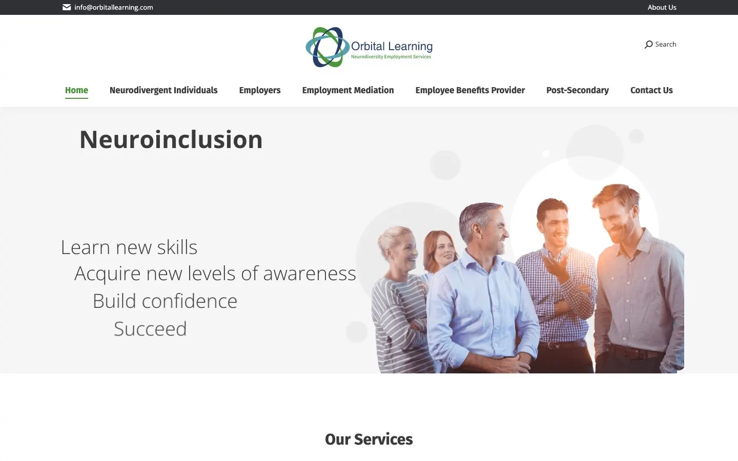 Orbital Learning home page on a laptop: the word Neuroinclusion, the lines Learn new skills, Acquire new levels of awareness, Build confidence, Succeed, and a navigation bar listing each audience.